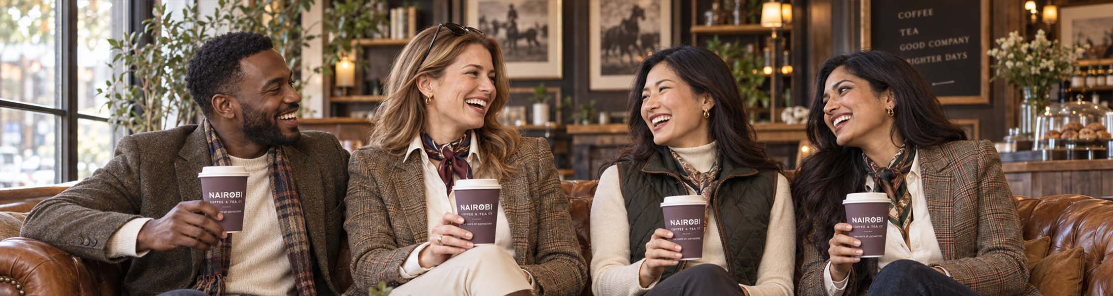 Friends relaxing with Nairobi takeaway coffees