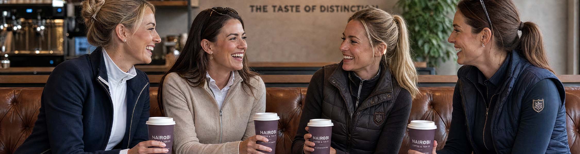 Four friends sharing Nairobi takeaway coffees in a café