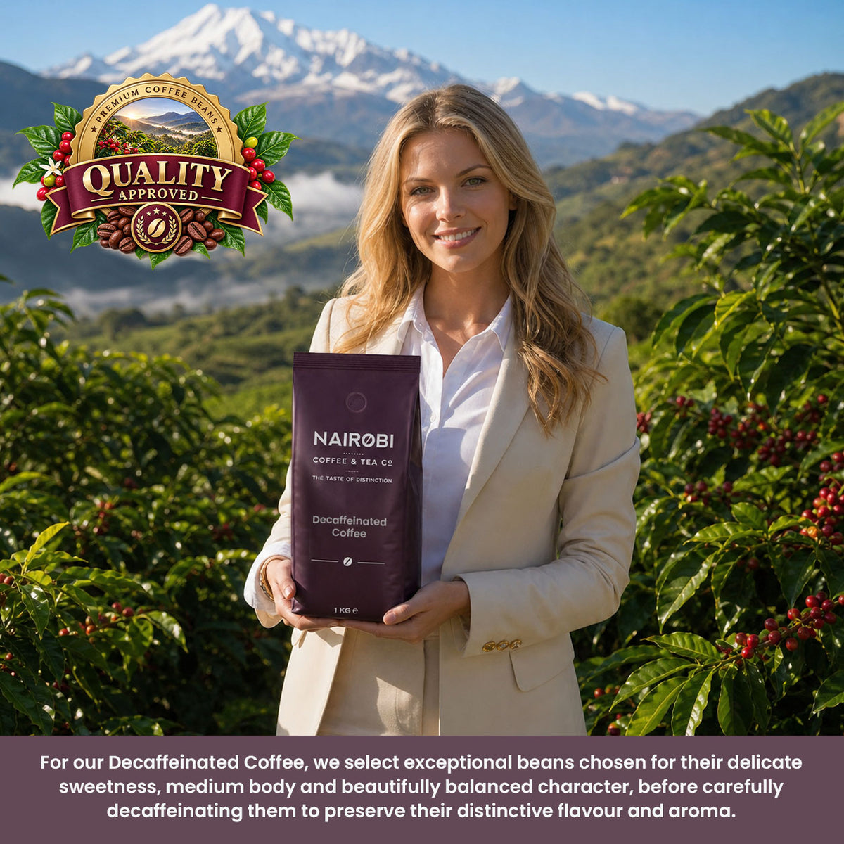Woman holding Nairobi Coffee decaffeinated coffee beans among coffee plants with mountains behind her