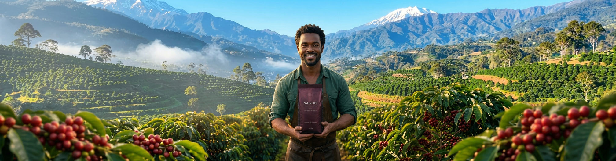 Nairobi Coffee Blue Mountain Blend displayed among coffee plants against a mountain landscape