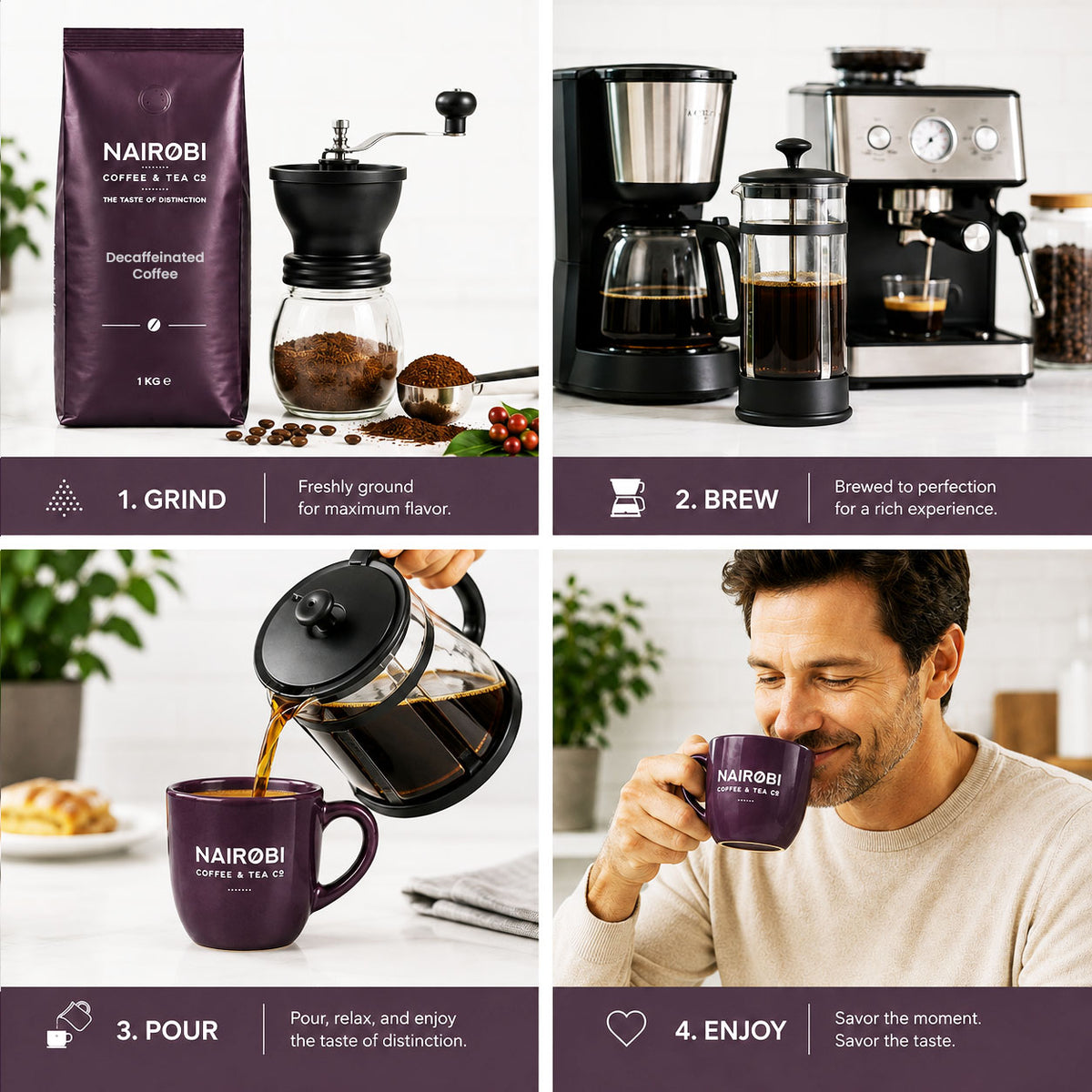 Four steps for enjoying Nairobi Coffee decaffeinated beans: grind, brew, pour and enjoy