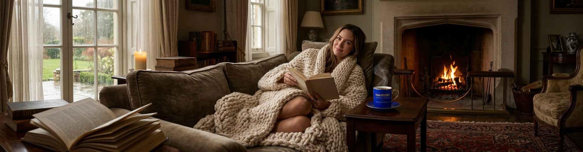 A woman reading beside a fireplace with a cup of Nairobi Coffee decaffeinated coffee