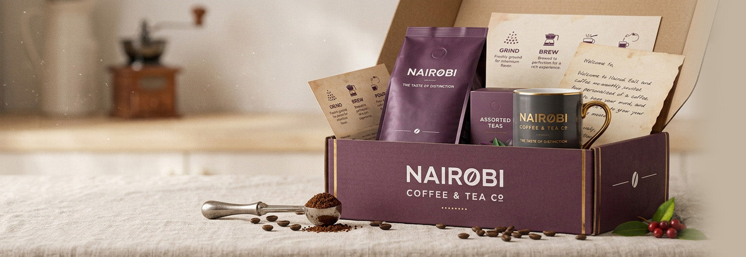 Nairobi gift box with coffee, tea, a mug and brewing guides