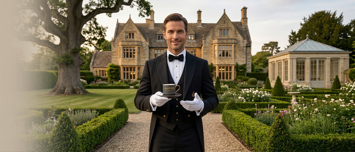 A host serving Nairobi coffee in the gardens of a manor house