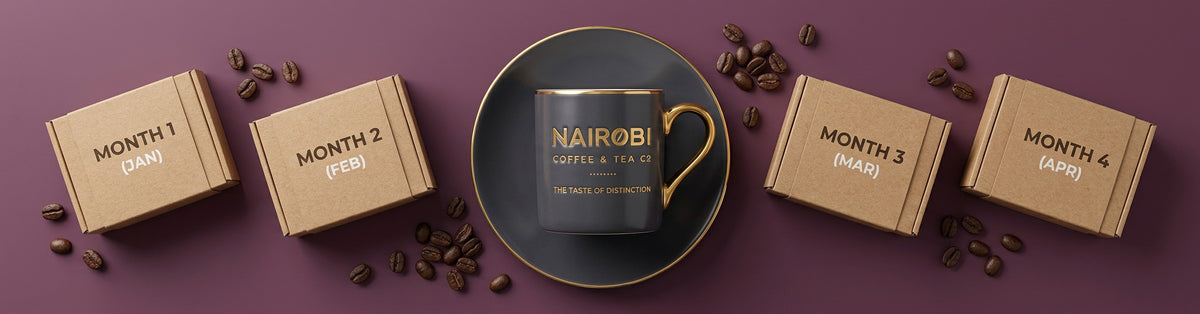 Nairobi Coffee & Tea Co cup surrounded by monthly coffee subscription delivery boxes and coffee beans