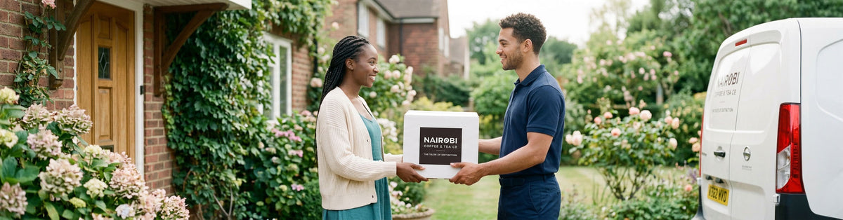 A Nairobi Coffee & Tea Co delivery driver handing a coffee parcel to a customer outside her home