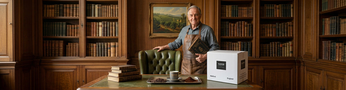 Nairobi Coffee & Tea Co coffee expert with a coffee delivery box in a wood-panelled library