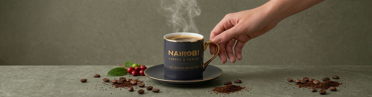 A steaming Nairobi Coffee & Tea Co cup with coffee beans and cherries