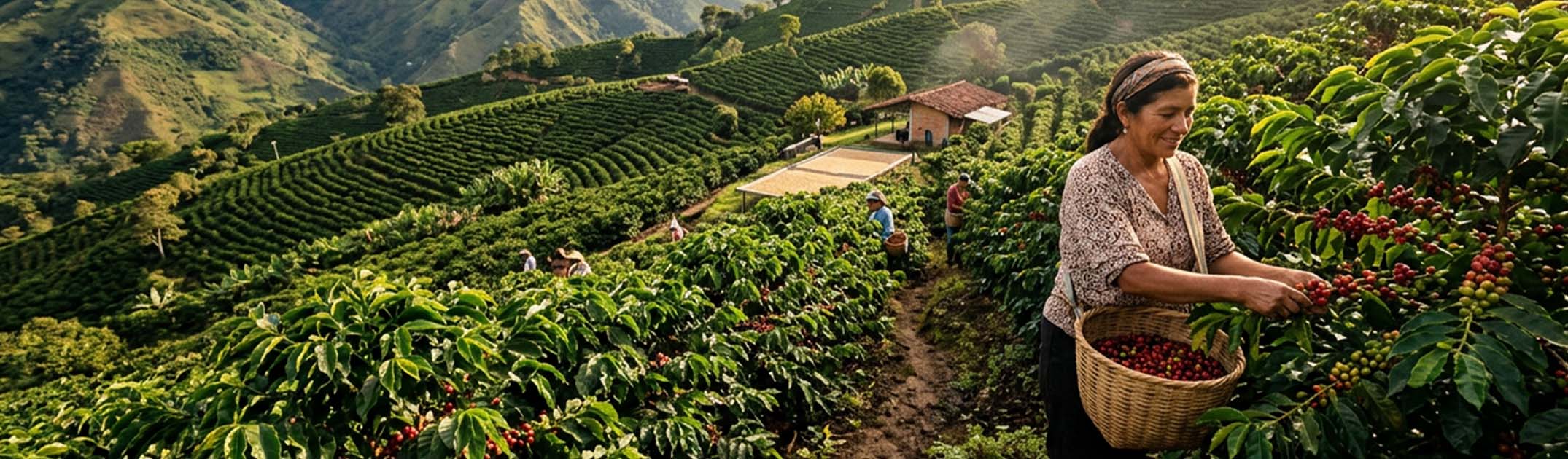 Colombian coffee fields with ripe coffee cherries being harvested and a Colombian Coffee Beans crest