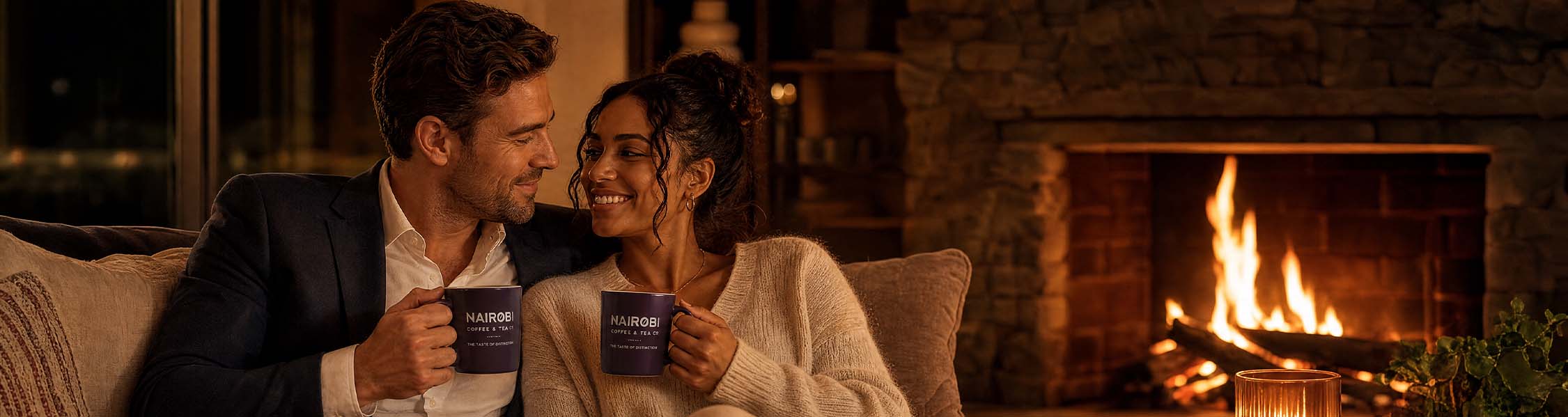 A couple sharing Nairobi coffee beside a glowing fireplace
