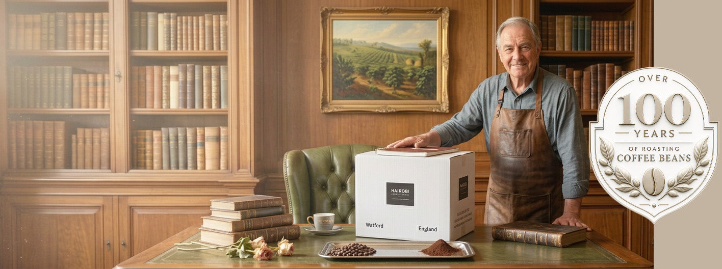 A Nairobi coffee roaster with a box of coffee in a wood-panelled library