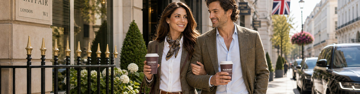A couple holding Nairobi Coffee & Tea Co takeaway cups on a street in Mayfair, London