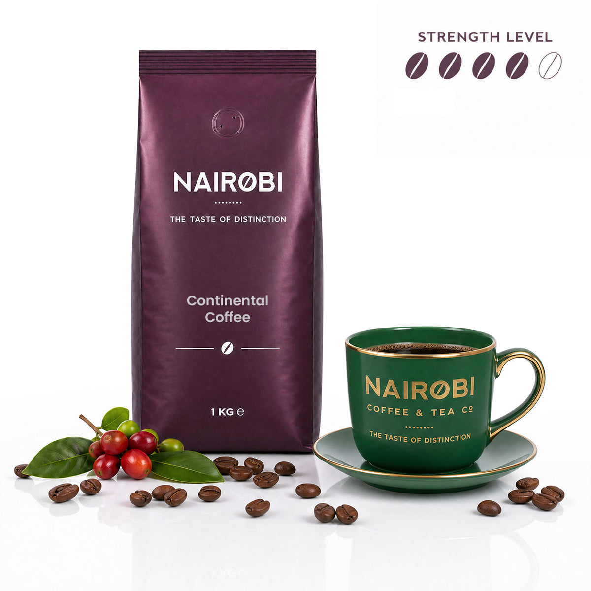 Nairobi Coffee Continental Blend 1kg coffee beans beside a green coffee cup, roasted beans and coffee cherries