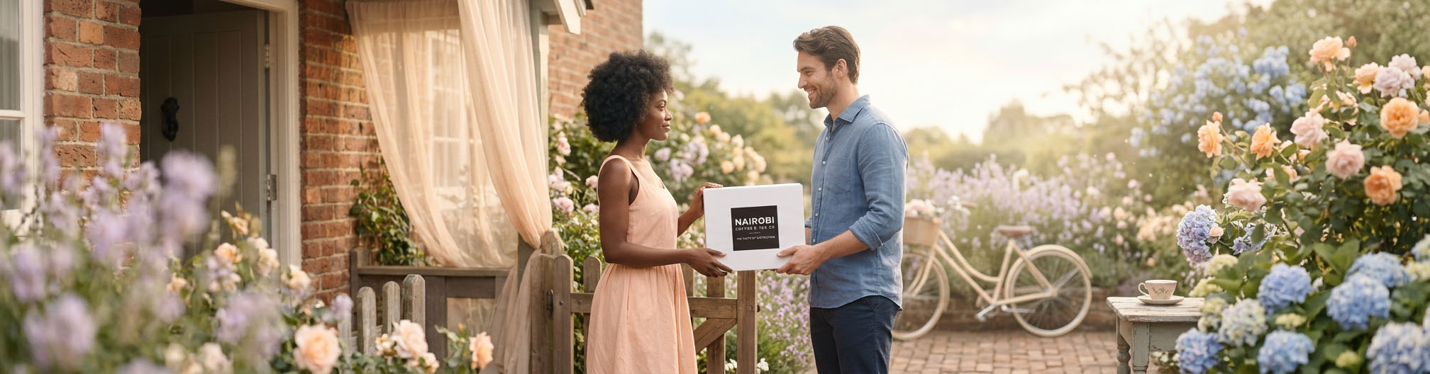 Customer receiving a Nairobi coffee delivery at a flower-filled cottage