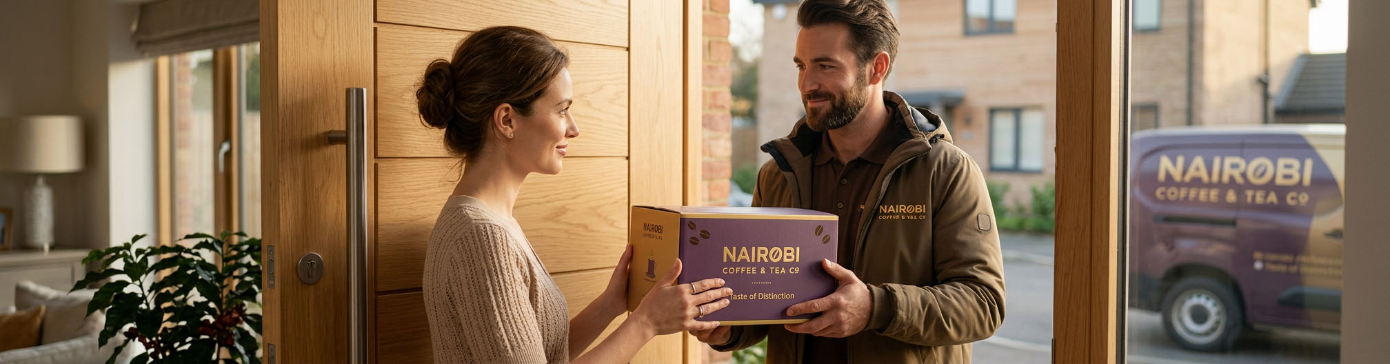 Nairobi coffee subscription box delivered to a customer at her front door