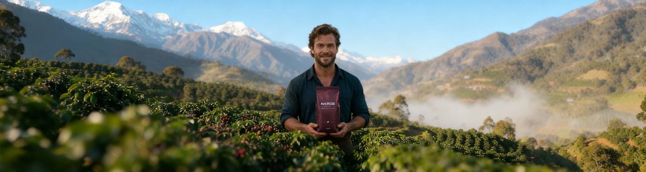 A man holding a bag of Nairobi coffee beans among coffee plants