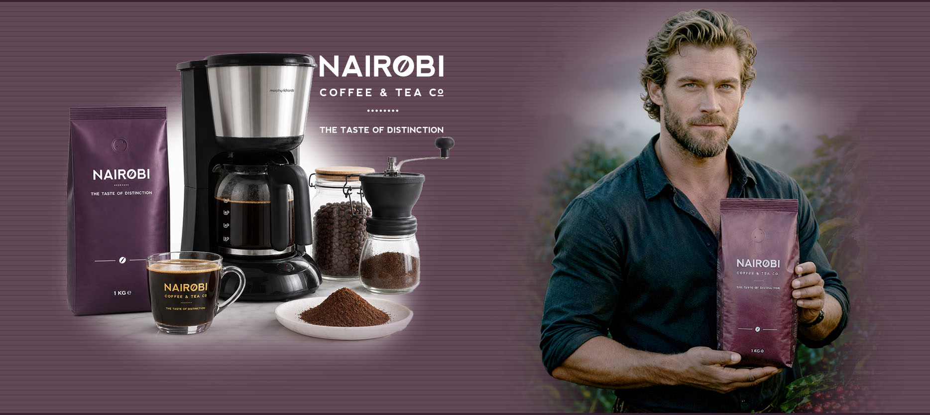 Single origin 1kg bag of coffee beans with ground coffee, a coffee maker, coffee grinder and freshly brewed coffee
